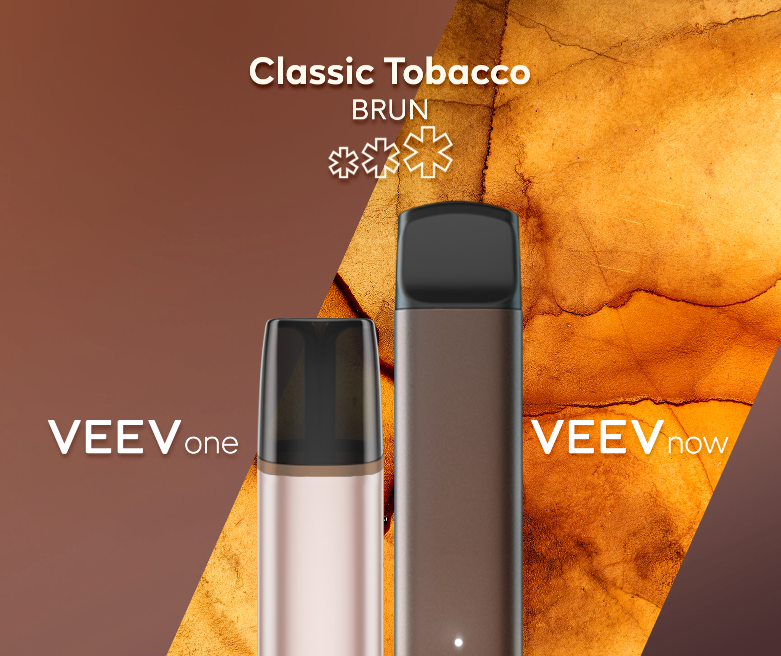 Un appareil à capsule VEEV ONE et un appareil jetable VEEV NOW, tous deux en saveur Classic Tobacco.